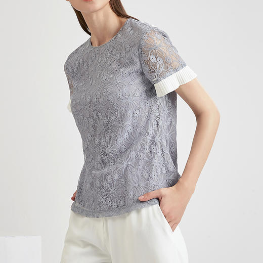 EITIE爱特爱女装夏季纯色蕾丝钩花短袖T恤上衣蕾丝小衫女B1813004 商品图3