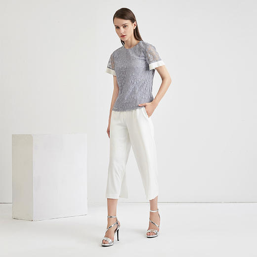 EITIE爱特爱女装夏季纯色蕾丝钩花短袖T恤上衣蕾丝小衫女B1813004 商品图1