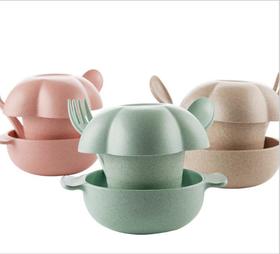 【婴幼儿餐具】小麦秸秆儿童卡通礼品餐具套装 环保耐摔双耳碗碟勺婴儿喂养餐具