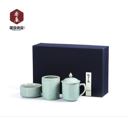 【茶杯茶具】越窑青瓷带盖办公茶水杯套装手工刻花办公茶杯瓷器礼品越青堂三件 商品图4