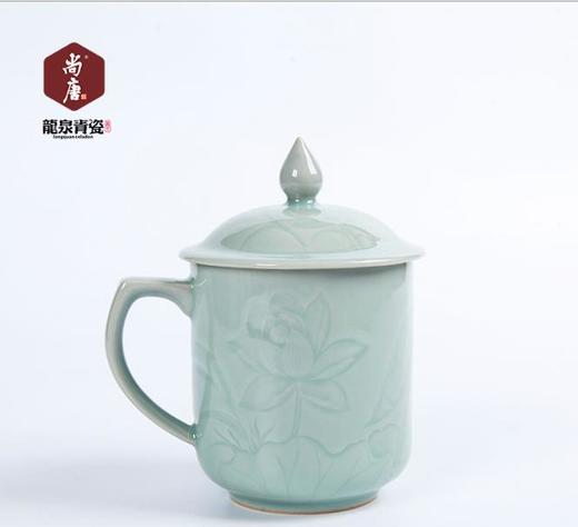 【茶杯茶具】越窑青瓷带盖办公茶水杯套装手工刻花办公茶杯瓷器礼品越青堂三件 商品图1