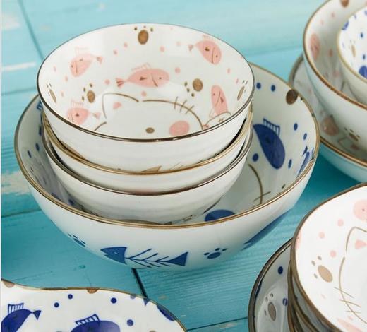 【居家日用】。原是家居 日式陶瓷手绘餐具 小馋猫系列 6.5寸大汤碗 家用 商品图2