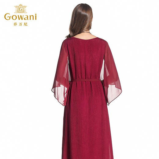 乔万尼夏季桑蚕丝酒红色修身气质喇叭袖真丝连衣裙中长款EB2E858 商品图3