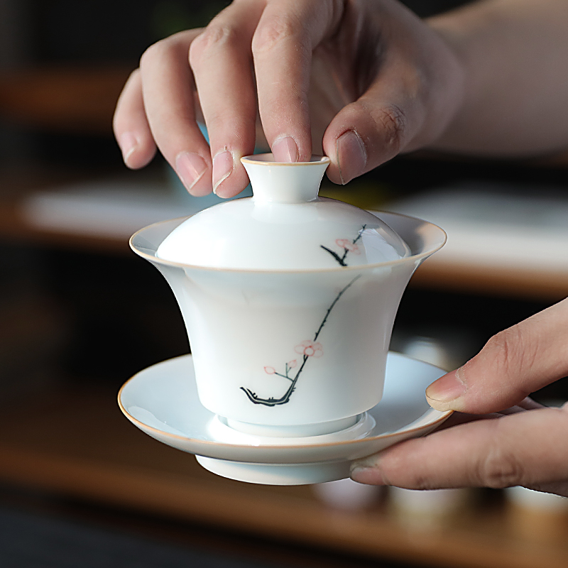 永利汇黑枝桃绘画盖碗功夫茶具陶瓷泡茶器古代青瓷茶碗 三才茶杯