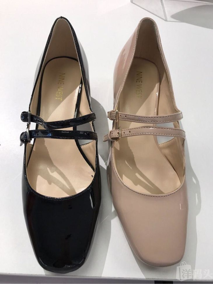 Nine West 玖熙女鞋玛丽珍双搭扣经典漆皮粗跟圆头单鞋 北美直购