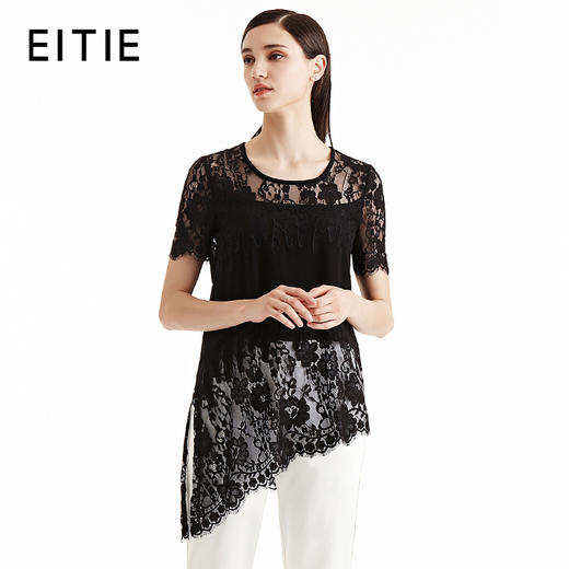 EITIE爱特爱女装夏季新品蕾丝网纱钩花拼接不规则中长T恤上衣5513219 商品图1