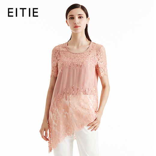 EITIE爱特爱女装夏季新品蕾丝网纱钩花拼接不规则中长T恤上衣5513219 商品图0