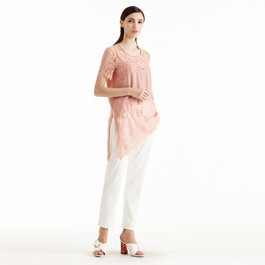 EITIE爱特爱女装夏季新品蕾丝网纱钩花拼接不规则中长T恤上衣5513219 商品图2