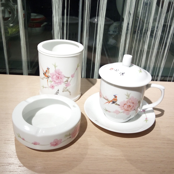 景德镇陶瓷 国瓷红叶 4头手绘办公用具--水点桃花