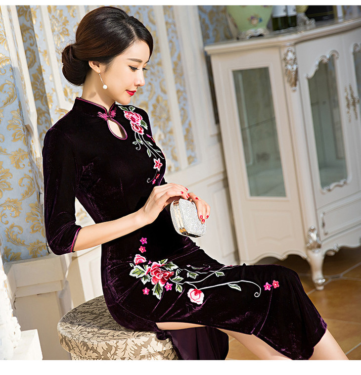 新款大码长款丝绒绣花婚宴旗袍 jy-1701 - 俏江南旗袍旗舰店