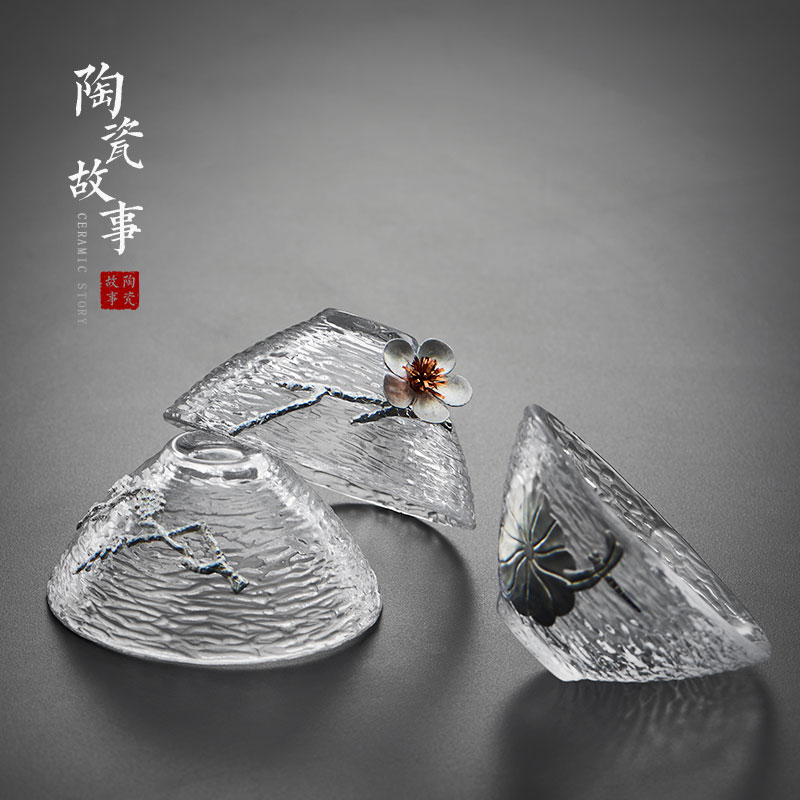 茶杯-玻璃品茗杯-玻璃锤纹锔镶锡主人杯12款