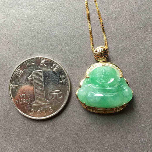 冰种阳绿翡翠弥勒佛18k黄金钻石镶嵌 商品图3