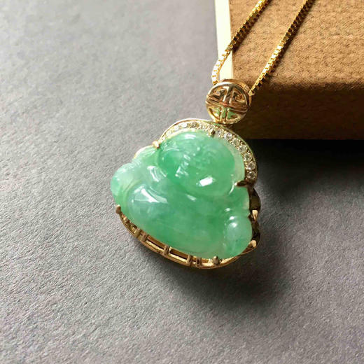 冰种阳绿翡翠弥勒佛18k黄金钻石镶嵌 商品图0