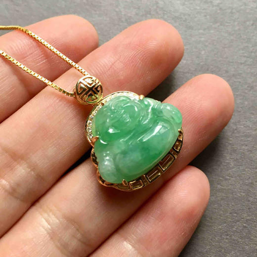 冰种阳绿翡翠弥勒佛18k黄金钻石镶嵌 商品图5