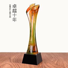 琉璃奖杯十周年纪念品定制水晶奖杯十年服务奖 退休荣誉奖杯证书