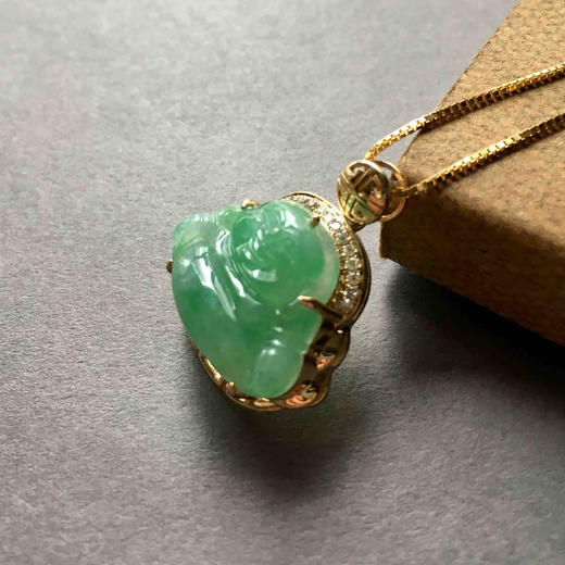 冰种阳绿翡翠弥勒佛18k黄金钻石镶嵌 商品图1