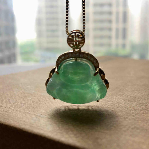 冰种阳绿翡翠弥勒佛18k黄金钻石镶嵌 商品图7