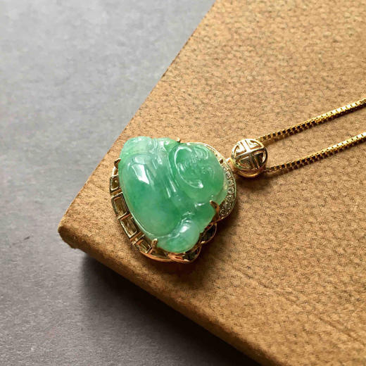 冰种阳绿翡翠弥勒佛18k黄金钻石镶嵌 商品图2