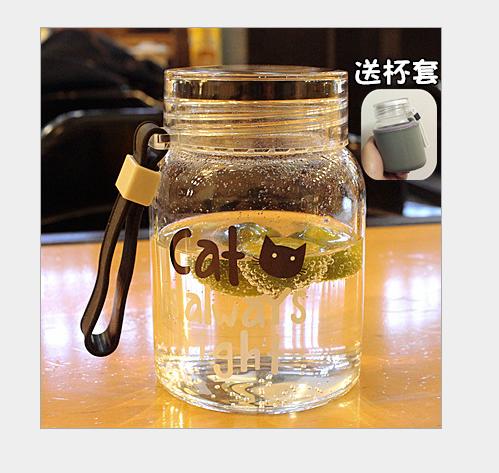 【办公室用品】。创意卡通迷你猫咪提绳透明玻璃杯子男女学生便携果汁柠檬随手水杯 商品图4