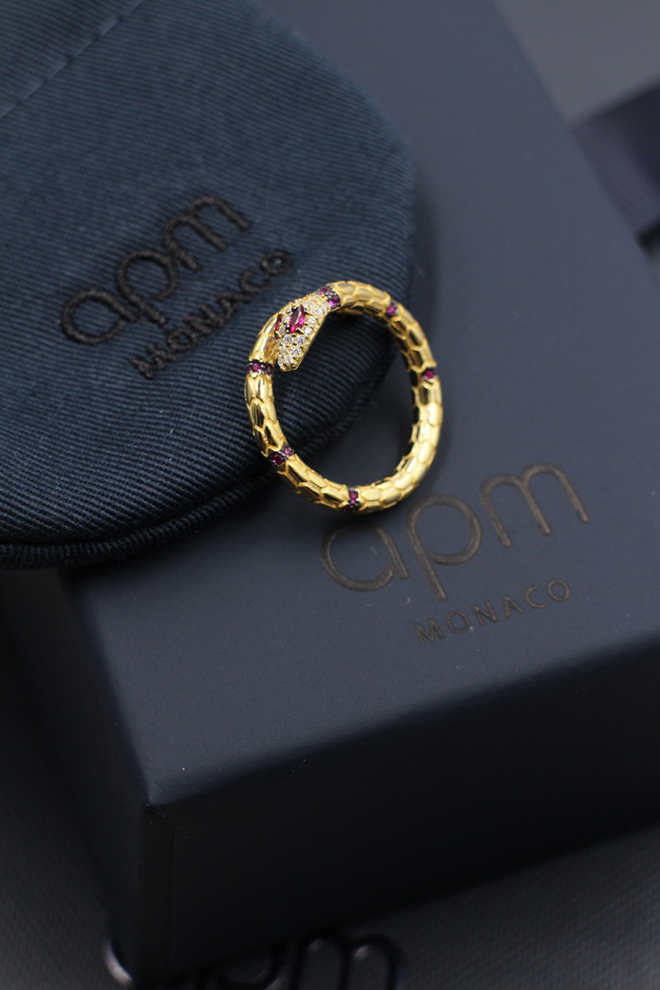 apm925纯银镀金蛇形戒指