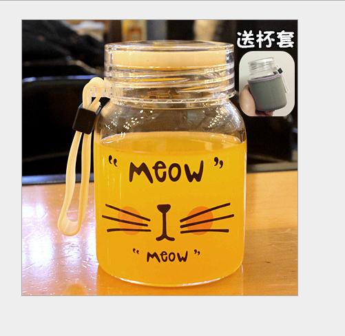 【办公室用品】。创意卡通迷你猫咪提绳透明玻璃杯子男女学生便携果汁柠檬随手水杯 商品图3