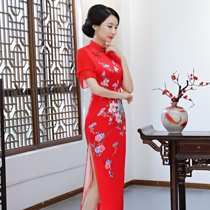 za 双边红 新款原创长款丝绸旗袍