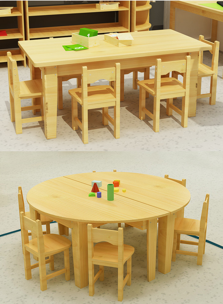 幼儿园松木六人桌实木桌子环保漆圆角设计松木桌椅