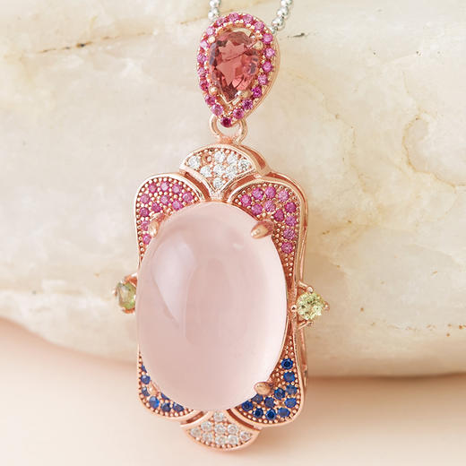 纯银镶嵌碧玺星光粉吊坠精致优雅时尚