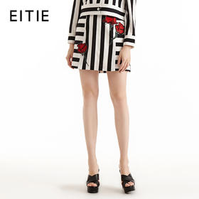 EITIE爱特爱女装夏季新款拼接撞色直筒绣花半身裙百搭小短裙5506213