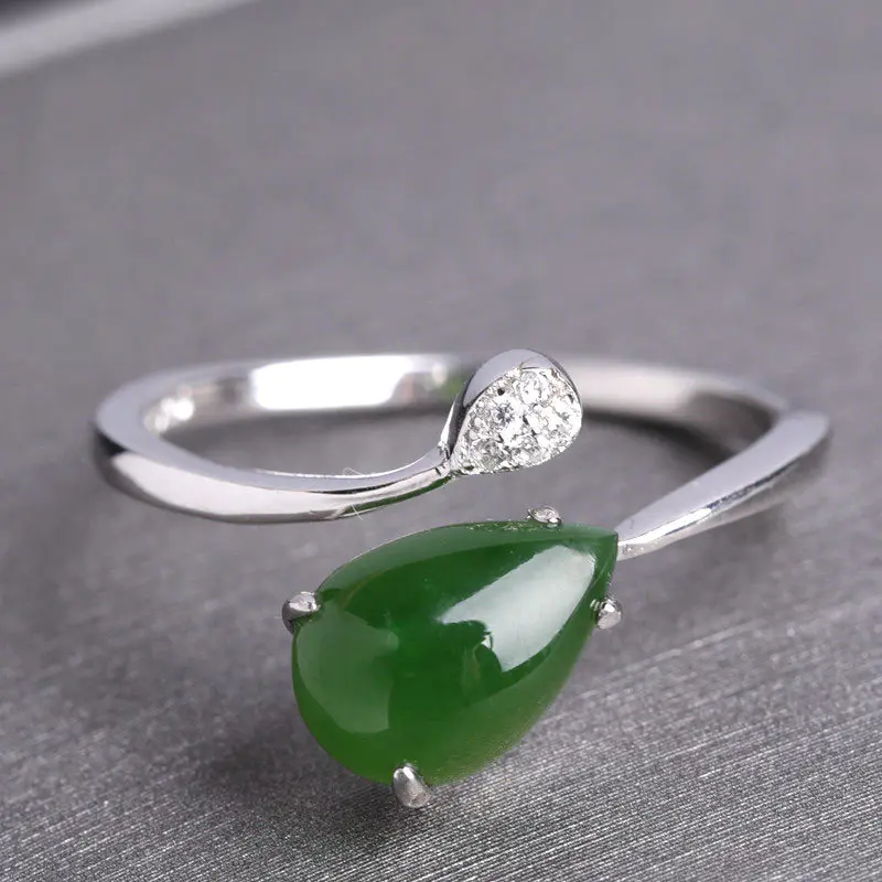 s925纯银和田玉镶碧玉水滴活口戒指jx8350475113