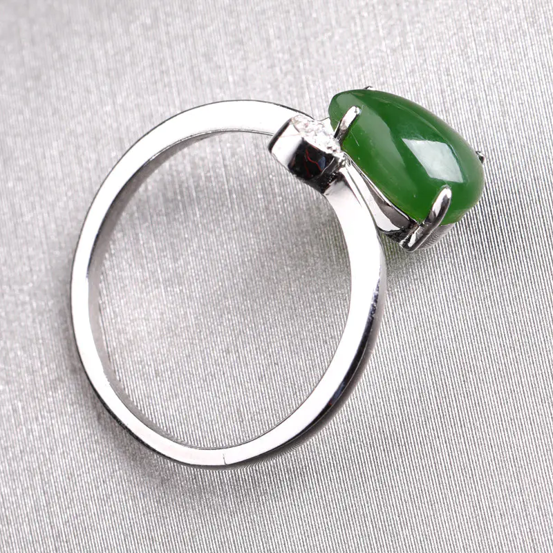 s925纯银和田玉镶碧玉水滴活口戒指jx8350475113