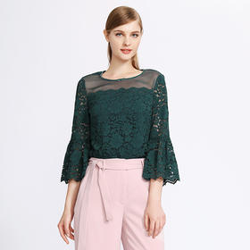 EITIE爱特爱女装早秋网纱蕾丝镂空拼接七分喇叭袖上衣T恤5713425