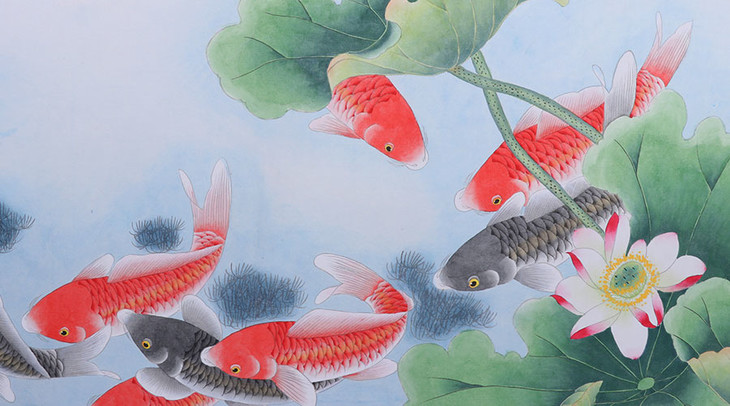 九鱼图风水画吴道长手绘横版wxd111