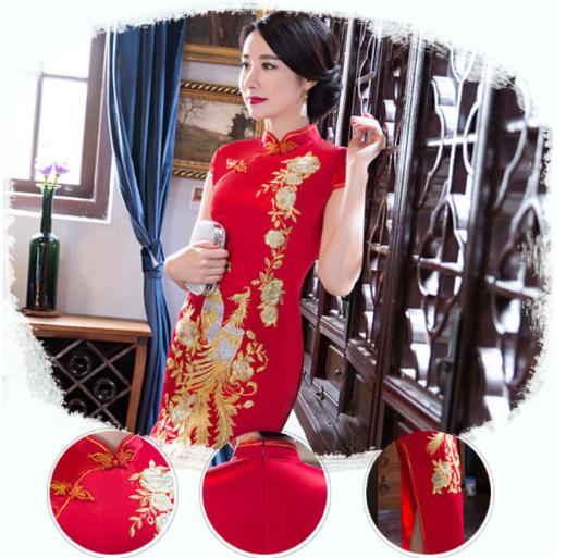 ml红凤刺绣凤凰长款旗袍