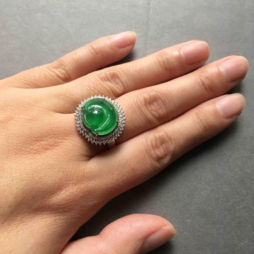 高冰种阳绿翡翠如意戒指吊坠两用18k白金钻石镶嵌 商品图4