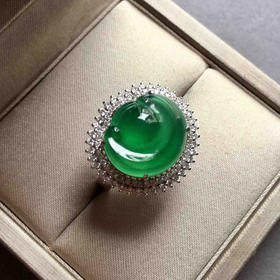 高冰种阳绿翡翠如意戒指吊坠两用18k白金钻石镶嵌