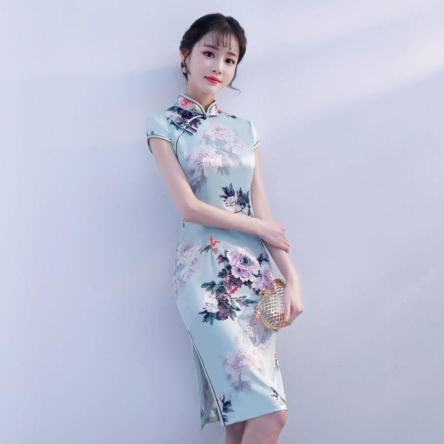 qd-20108新款旗袍女夏改良丝绸连衣裙中长款双层旗袍少女清新民国