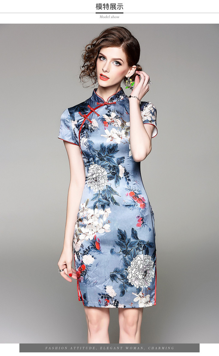 oy80074新款轻奢收腰显瘦木棉花印花气质旗袍
