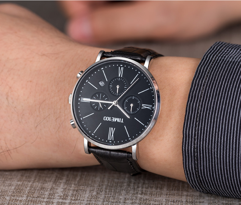 新款 时光一百(time100)手表 商务休闲男表 三眼计时皮带石英手表 男