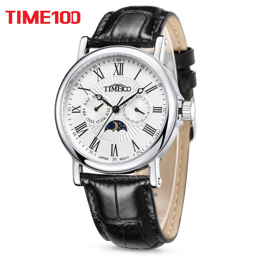 时光一百(time100)手表 时尚商务多功能日相皮带日本机芯男士石英防水