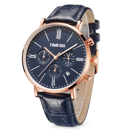 新款 时光一百(time100)手表 商务休闲男表 三眼计时皮带石英手表 男