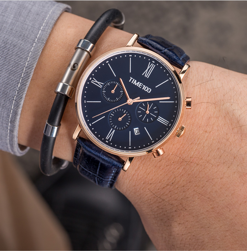 新款 时光一百(time100)手表 商务休闲男表 三眼计时皮带石英手表 男