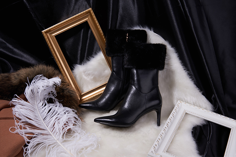 73hoursblossomofsnow黑色皮靴女短筒尖头细跟品牌女鞋