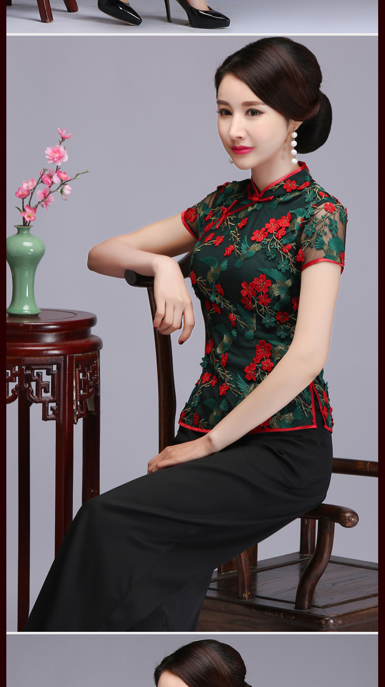 lye 18303改良时尚蕾丝旗袍上衣短袖碎花唐装套装