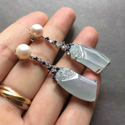 冰种紫罗兰翡翠耳坠18k白金蓝宝石镶嵌 商品图7