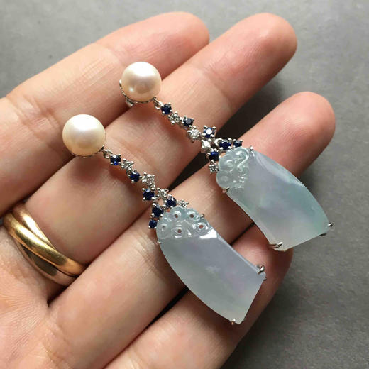 冰种紫罗兰翡翠耳坠18k白金蓝宝石镶嵌 商品图6