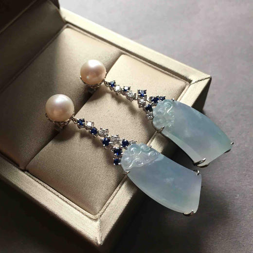 冰种紫罗兰翡翠耳坠18k白金蓝宝石镶嵌 商品图3