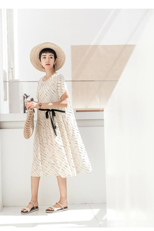 JIANG女装2018夏新款圆领A字裙中长款系带连衣裙女 商品图0