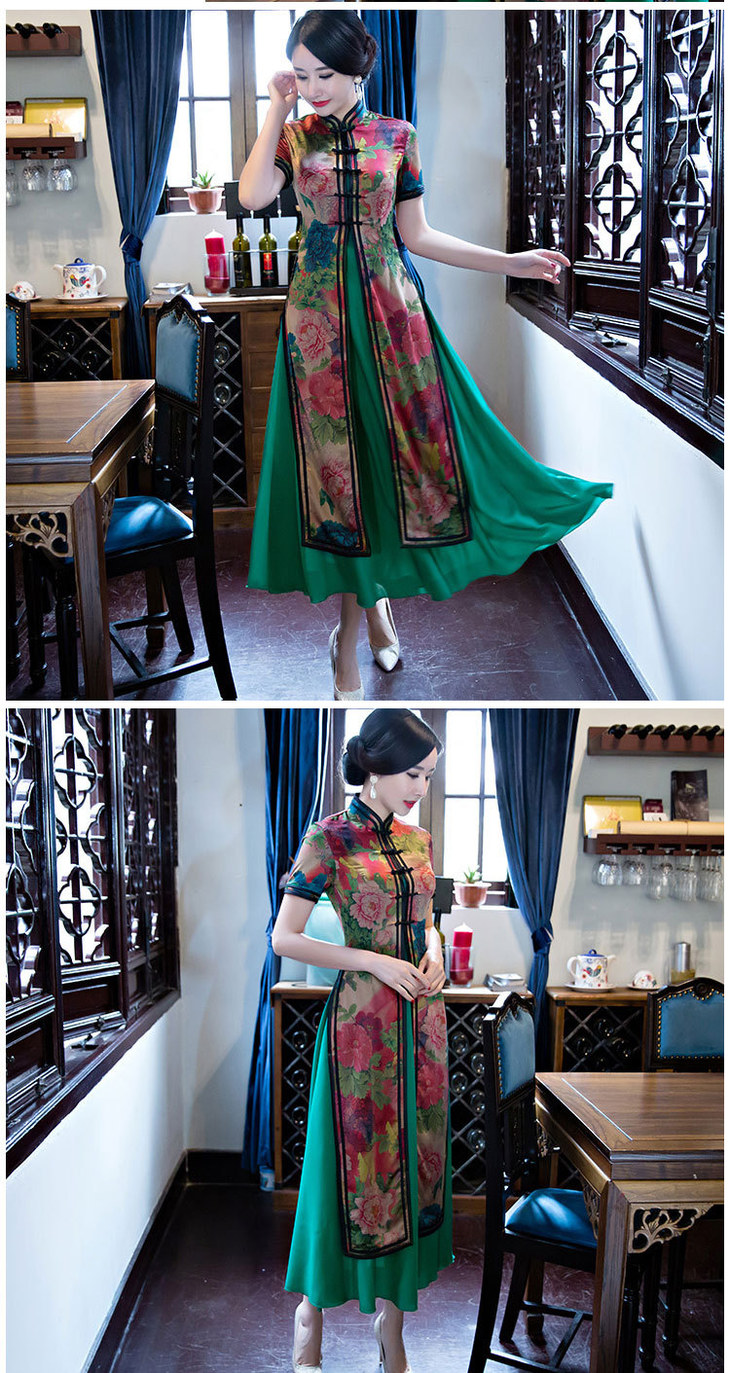 美目流盼复古修身丝绸越南奥黛旗袍2件套