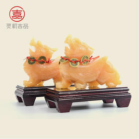 【财】黄玉貔貅摆件一对 环境布局家居安康 送底座、五帝钱